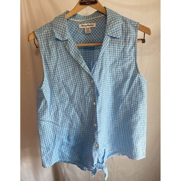 Women's Tommy Bahama Blue Gingham Front Tie Sleeveless 100% Linen Shirt- Size M‎ - Picture 1 of 10